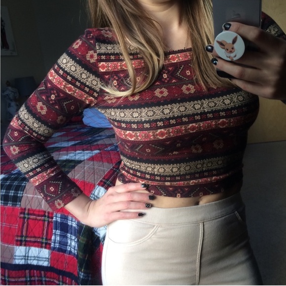 Fall Autumn Style Burgundy & Orange Long Sleeve Crop Top - Vintage Forever 21 - Picture 3 of 8